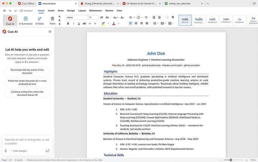 Cue Office Docs on macOS: a résumé open, with the Cue AI sidebar offering to summarise, polish or continue writing.