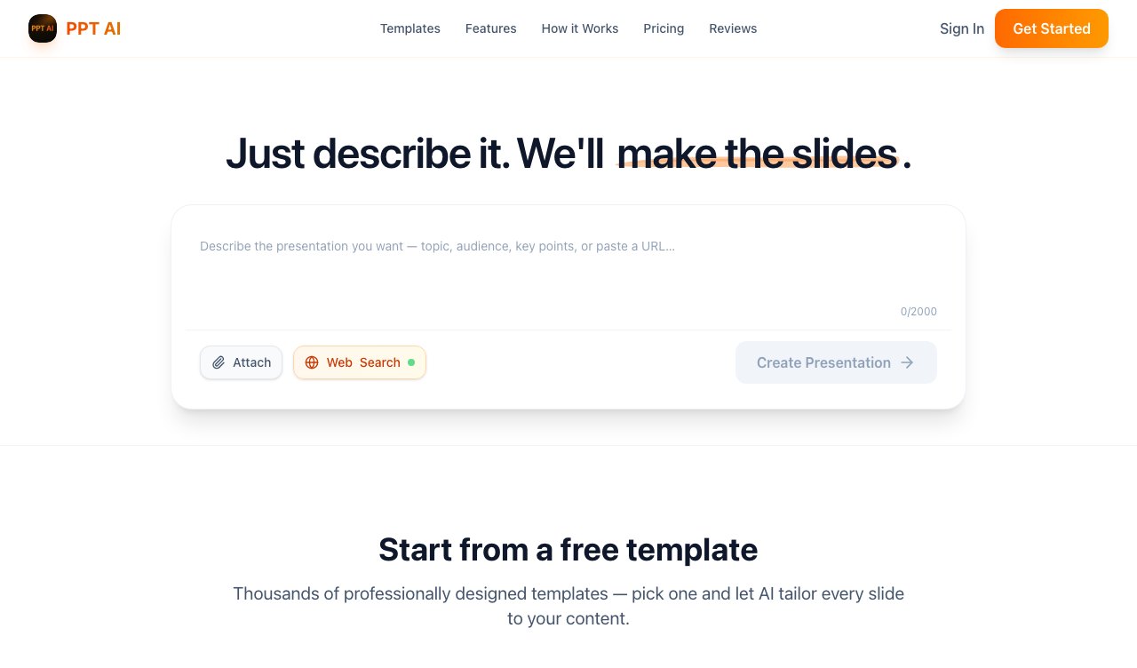 The PPT AI web app: a prompt box under the line &ldquo;Just describe it. We&rsquo;ll make the slides.&rdquo;